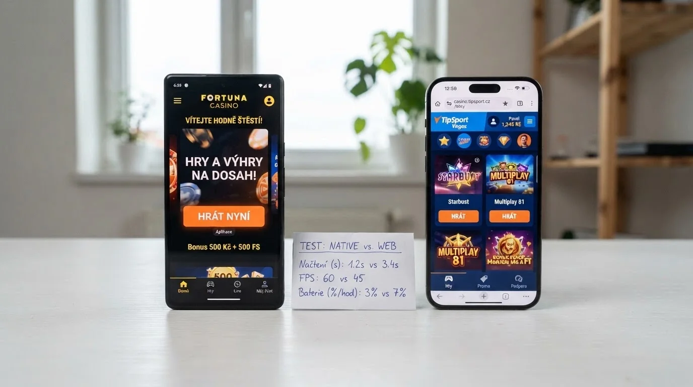 Dva telefony vedle sebe — na jednom nativní aplikace kasina, na druhém mobilní web v prohlížeči