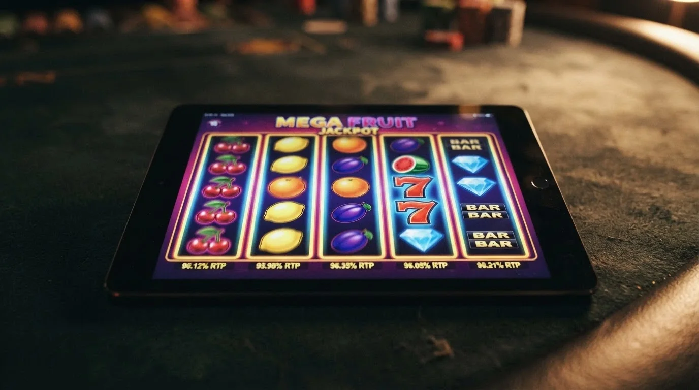 Koláž pěti automatů na obrazovce tabletu — 100 Hot Wild, Blissful Jack 100, Simply Hot XL 50, Starburst a 20 Diamonds — s viditelnými hodnotami RTP