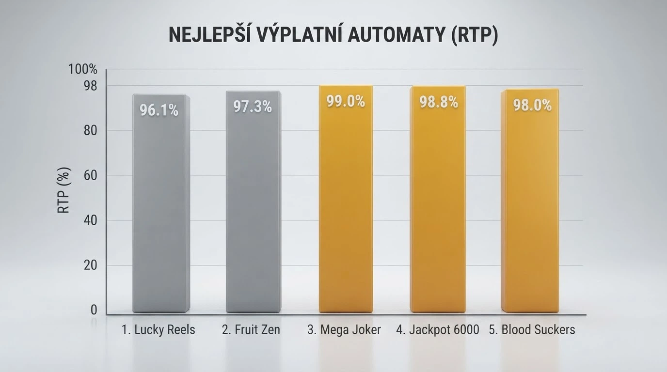 Tabulka s názvy automatů a procenty RTP, v popředí zvýrazněné hodnoty nad 98 %