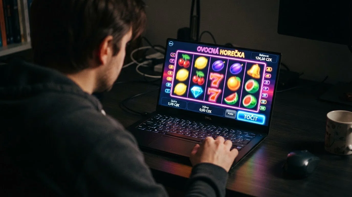 Online výherní automat s minimální sázkou v haléřích na displeji notebooku
