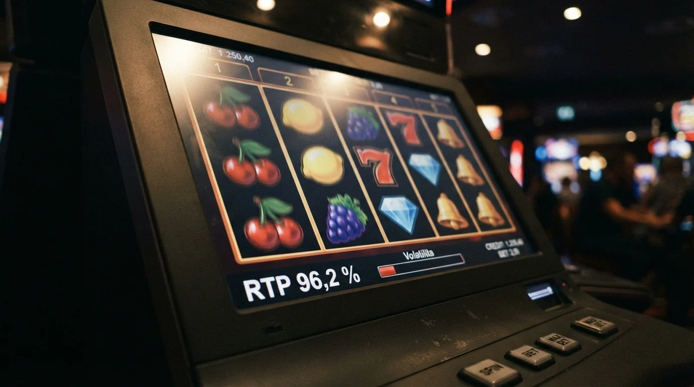 Detail rulety výherního automatu s barevnými symboly — na displeji číslo RTP 96,2 % a ukazatel volatility