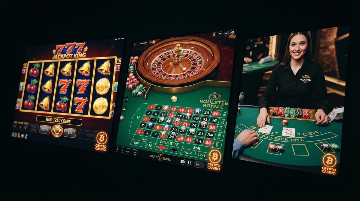 Koláž obrazovek automatů, rulety a live dealer stolu s ikonou BTC v rohu každé hry