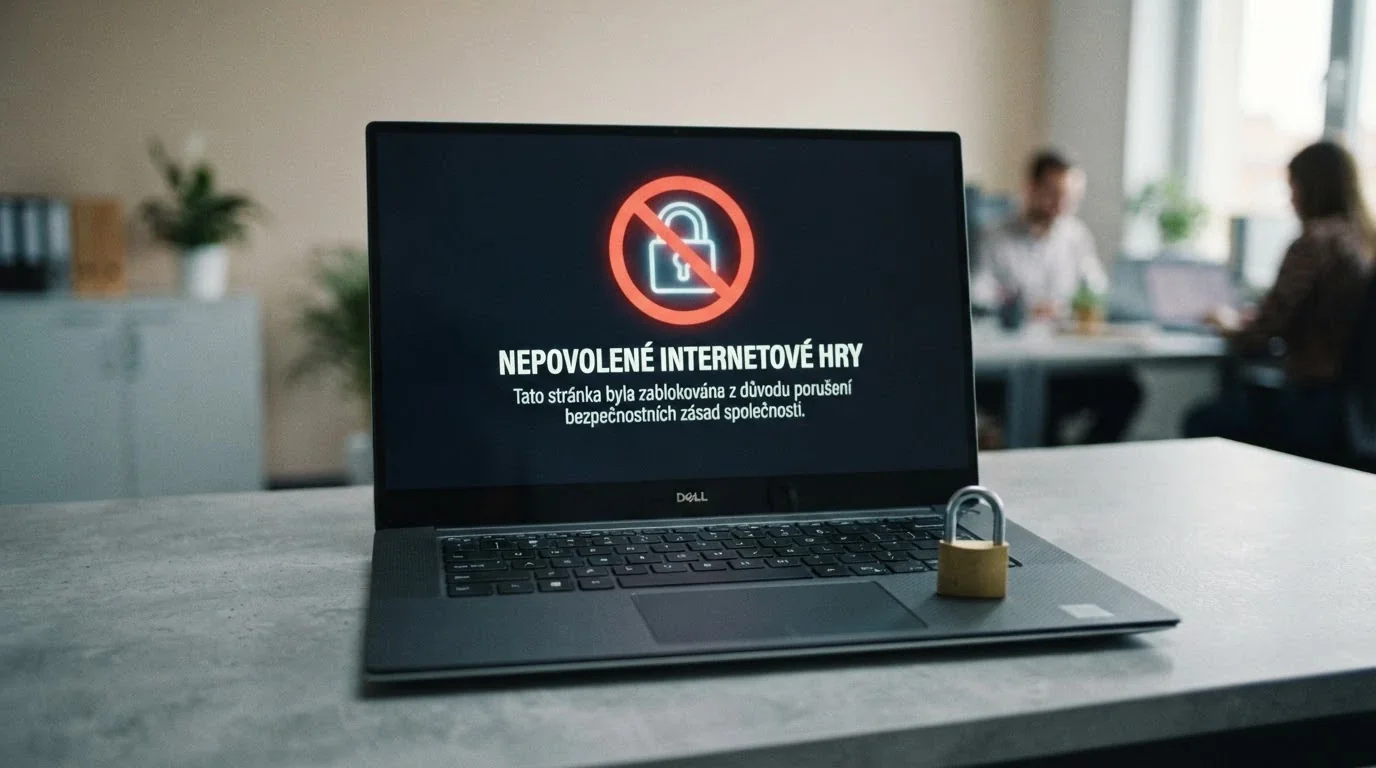 Překřížená obrazovka s nápisem „nepovolené internetové hry“ a symbolem zámku