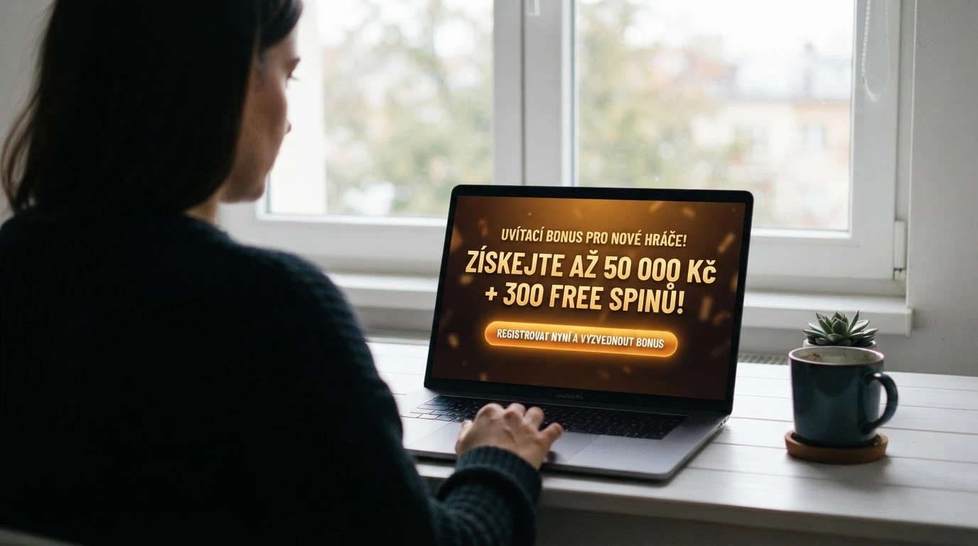 Nabídka uvítacího bonusu na obrazovce online casina — tlačítko „získat bonus“ a zvýrazněná hodnota bonusu