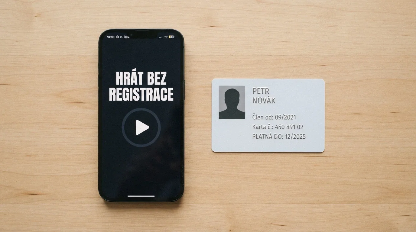 Mobil s nápisem „Hrát bez registrace“, vedle něj občanský průkaz