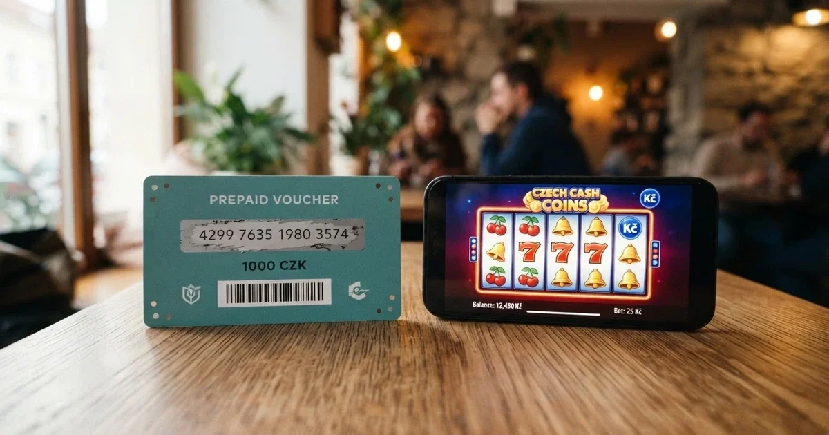 Platební karta a paysafecard kupón vedle sebe na stole, displej mobilu s kasinem na pozadí