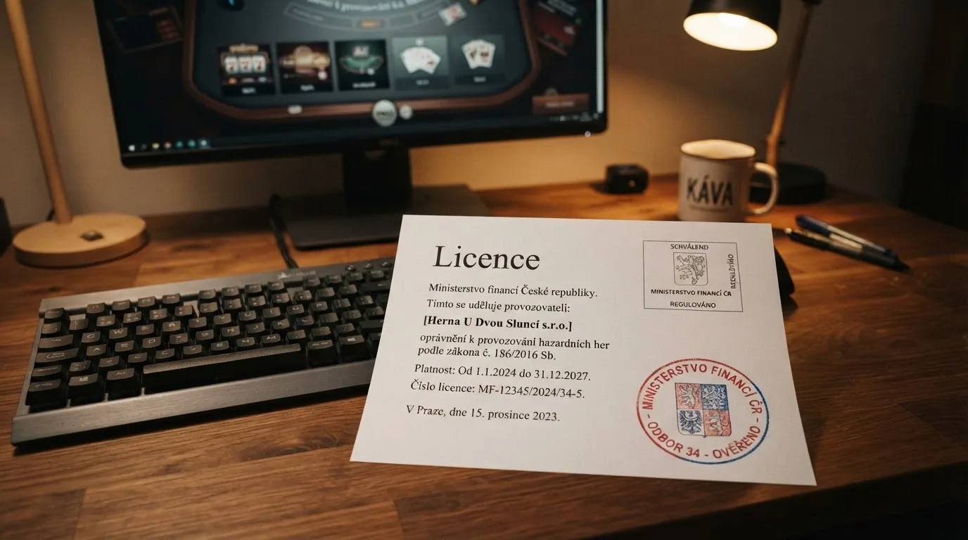 Úřední dokument s razítkem Ministerstva financí ČR položený vedle klávesnice — na obrazovce v pozadí logo licencovaného casina