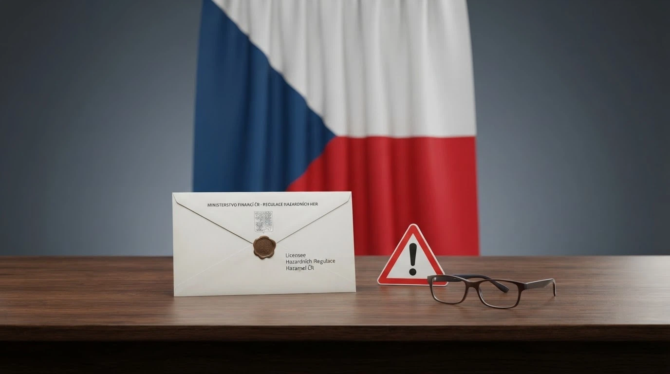 Česká vlajka a úřední razítko Ministerstva financí vedle výstražného trojúhelníku s nápisem „Seznam nepovolených internetových her“