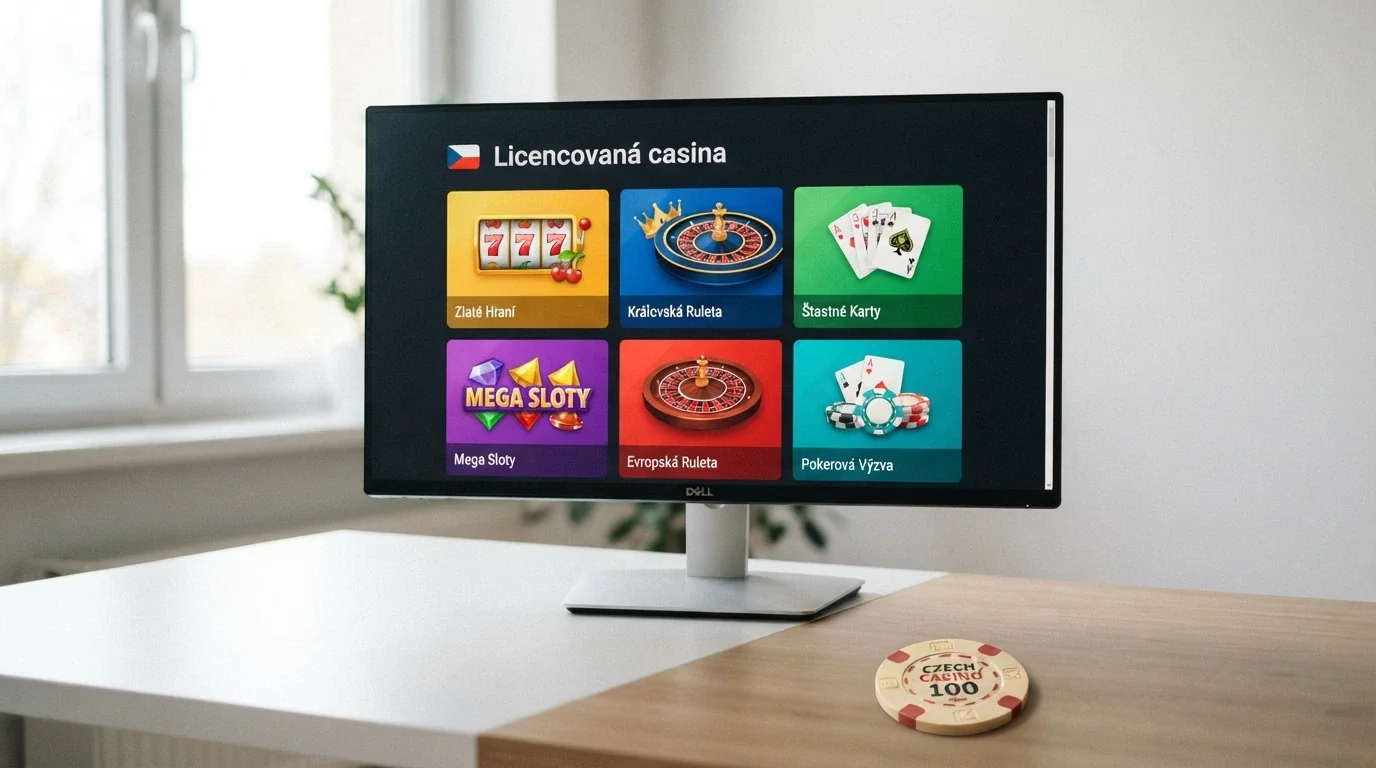 Koláž log licencovaných českých online casin na světlém pozadí, v popředí nápis Ministerstvo financí ČR