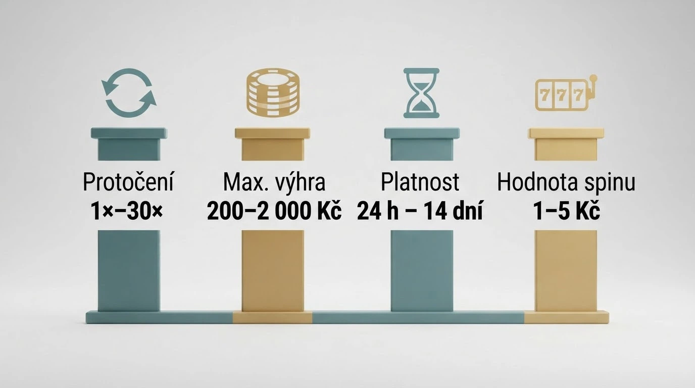 Přehledná infografika znázorňující klíčové podmínky bonusu bez vkladu — protočení, maximální výhru, platnost a hodnotu zatočení na příkladu českého trhu