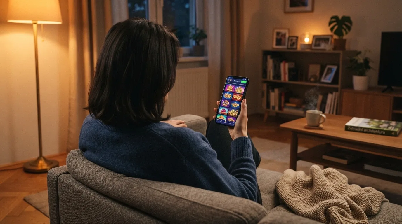 Spokojený hráč odkládající telefon — zodpovědný přístup k mobilnímu casinu v Česku