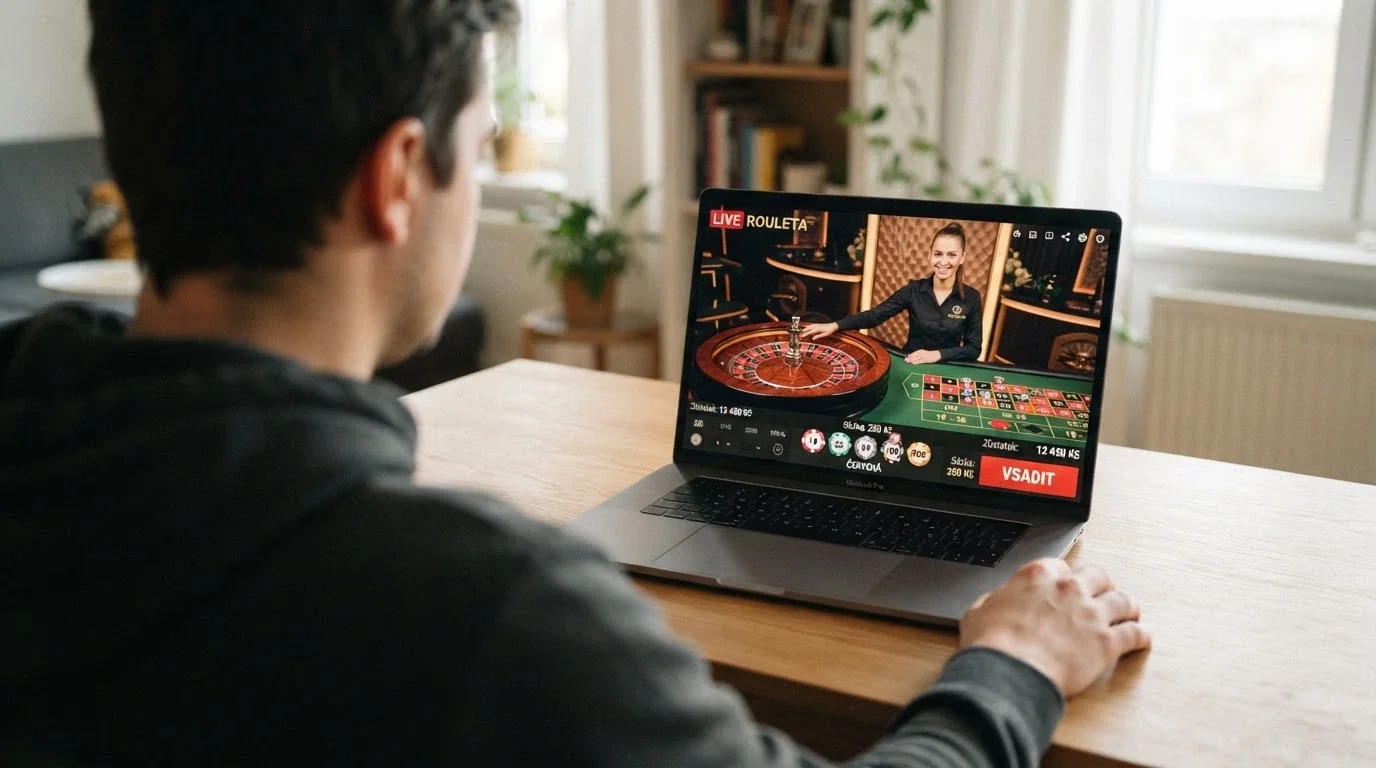 Krupiér otáčející ruletovým kolem při živé hře v online casinu s českým rozhraním