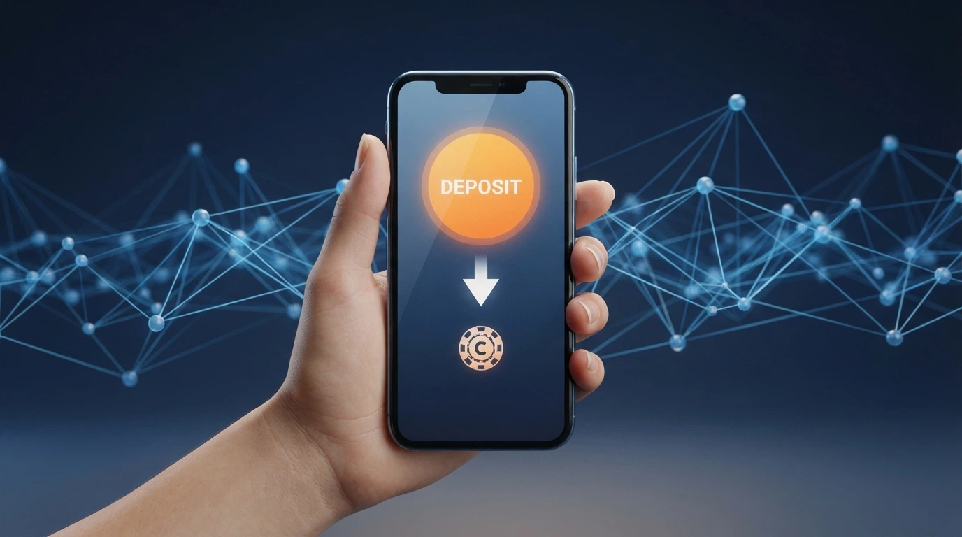 Grafika znázorňující převod BTC z mobilní peněženky do online kasina s blockchainem na pozadí
