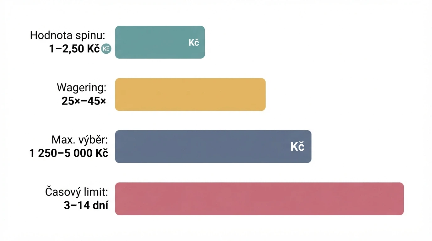 Čtyři zvýrazněné údaje — hodnota spinu v Kč, násobek wageringu, částka maximálního výběru, počet dnů — vedle sebe na kartičkách