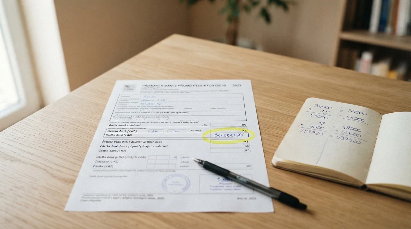 Daňové přiznání na stole, vedle kalkulačka a zvýrazněná částka 50 000 Kč