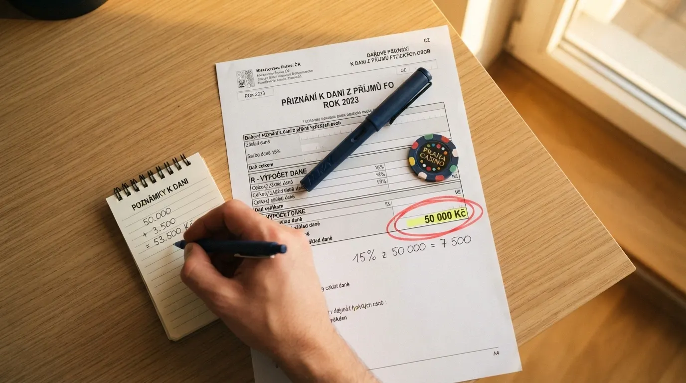 Kalkulačka vedle symbolu finančního úřadu a formuláře daňového přiznání, zvýrazněná částka 50 000 Kč