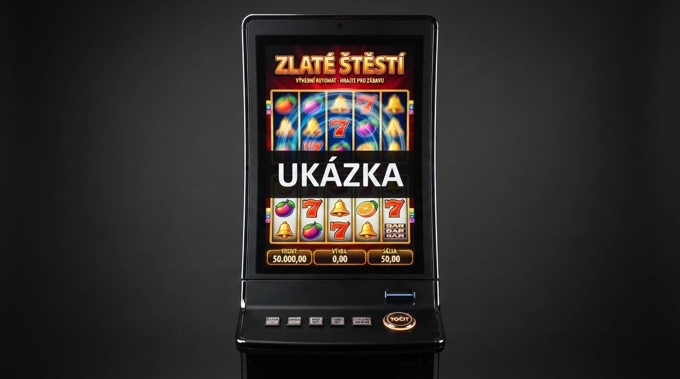 Herní automat s nápisem DEMO přes obrazovku a fiktivními kredity