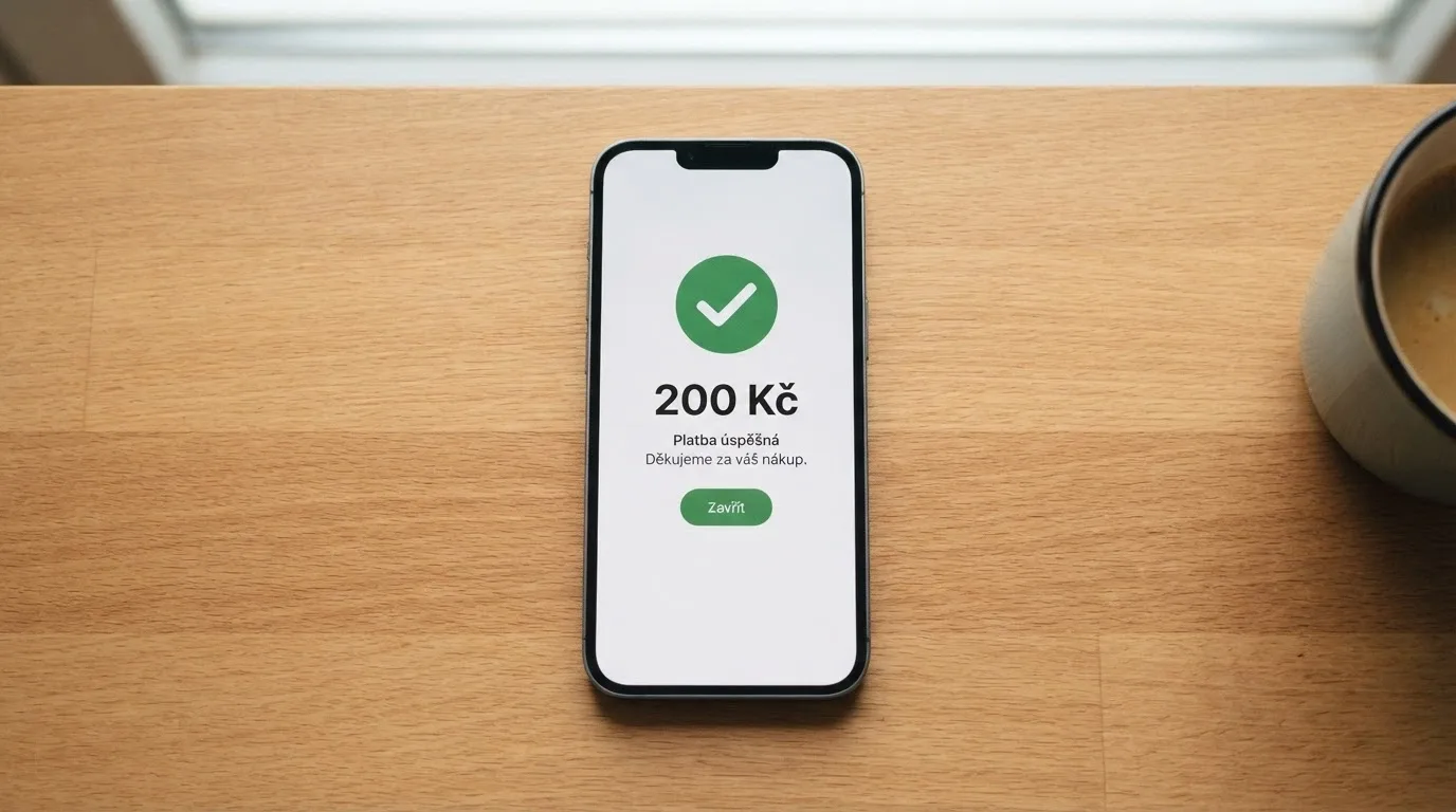 Obrazovka chytrého telefonu s potvrzením úspěšného vkladu 200 Kč v online casinu