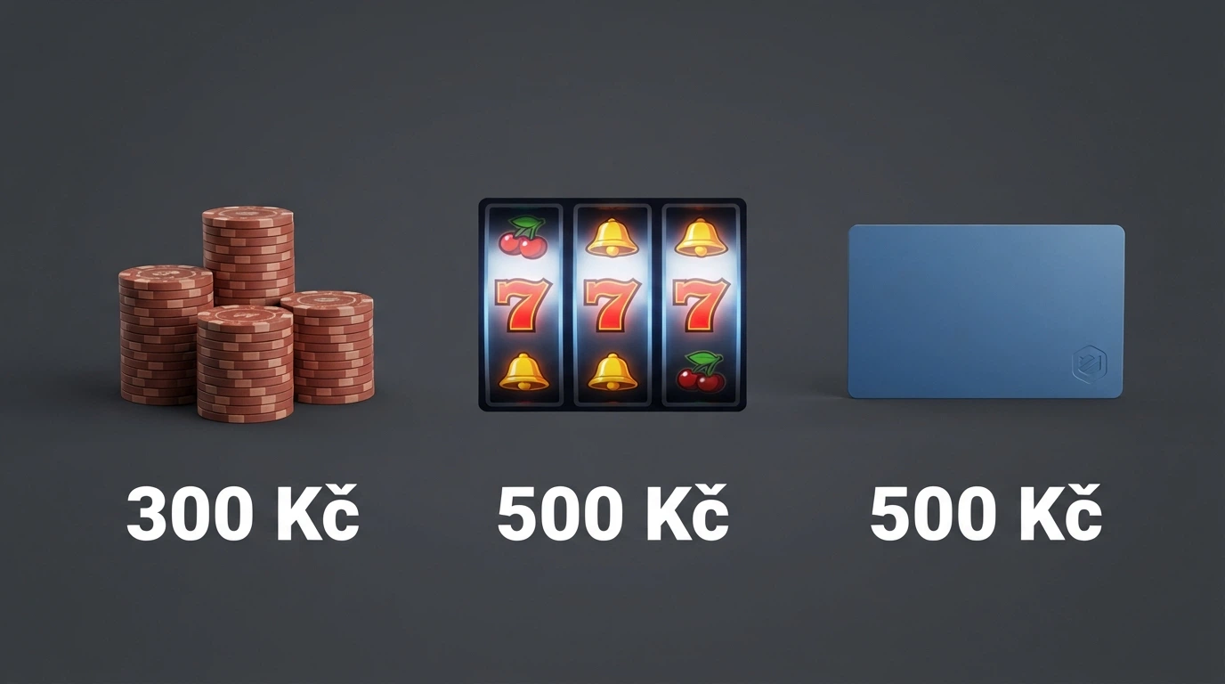 Infografika tří forem bonusu — hotovost na účtu, free spiny na automatu, sázkový kredit — s popisky hodnoty