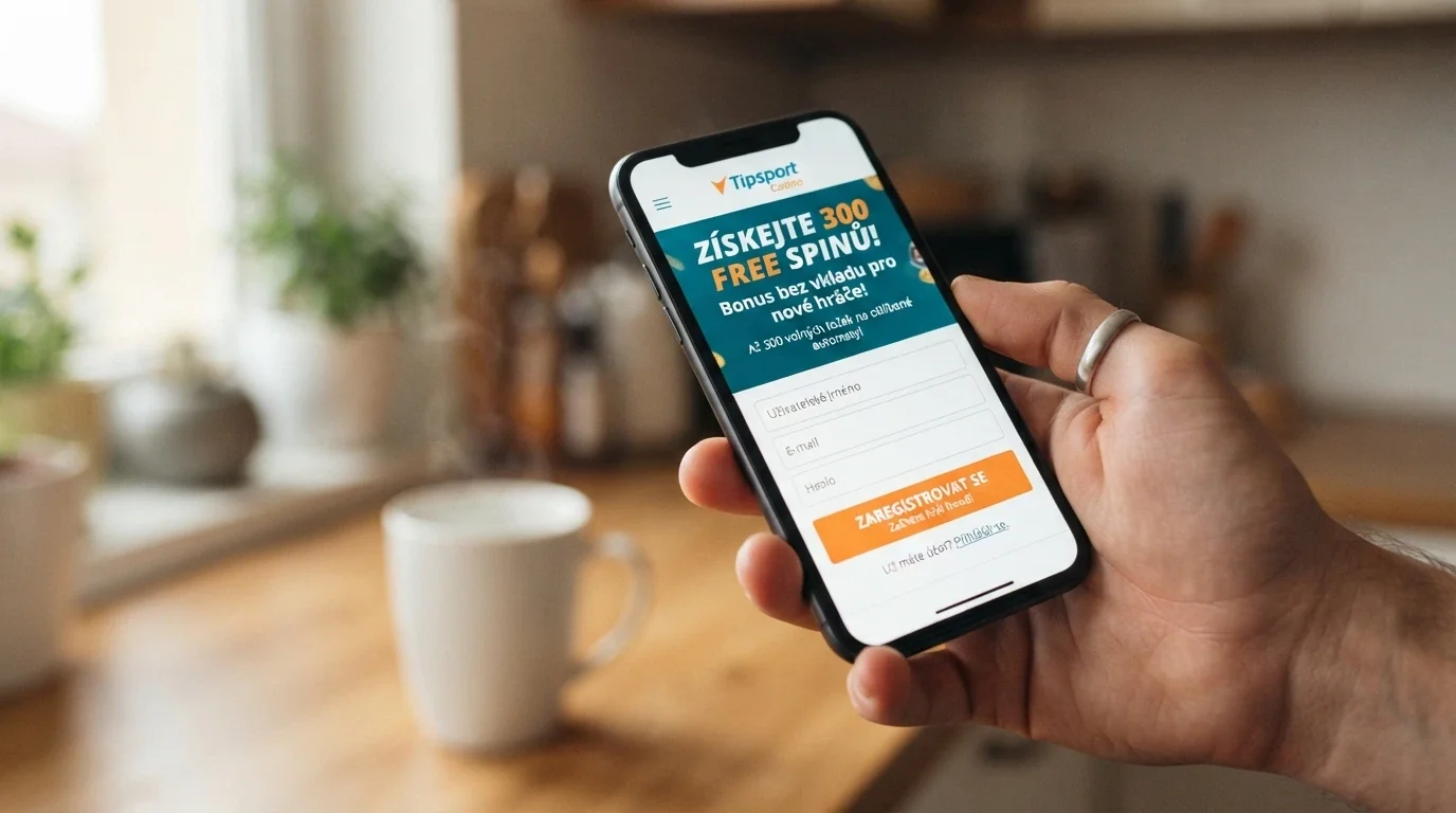 Ruka držící mobilní telefon s obrazovkou registrace do online casina, na displeji zvýrazněná nabídka free spinů
