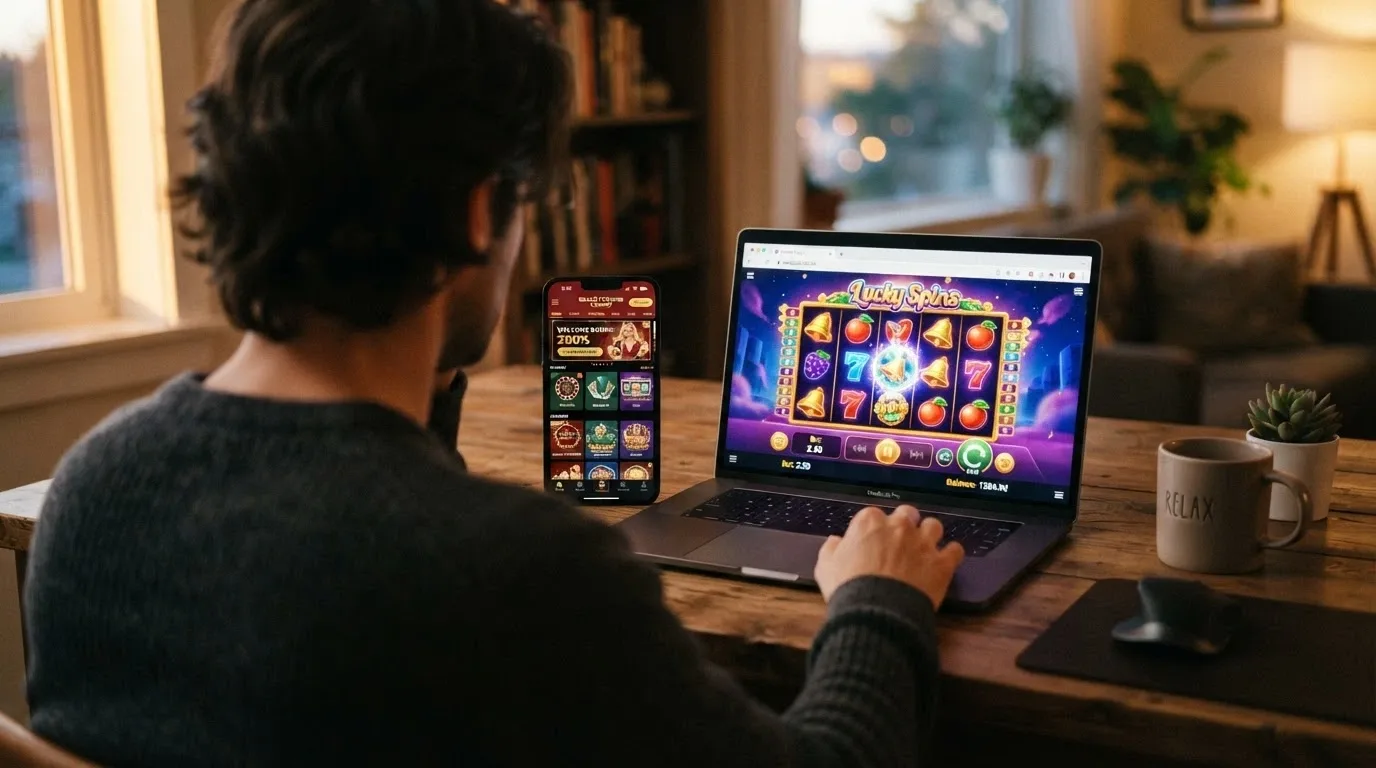 Český hráč u notebooku s otevřeným prohlížečem zobrazujícím demo automat, vedle něj mobilní telefon s casino aplikací