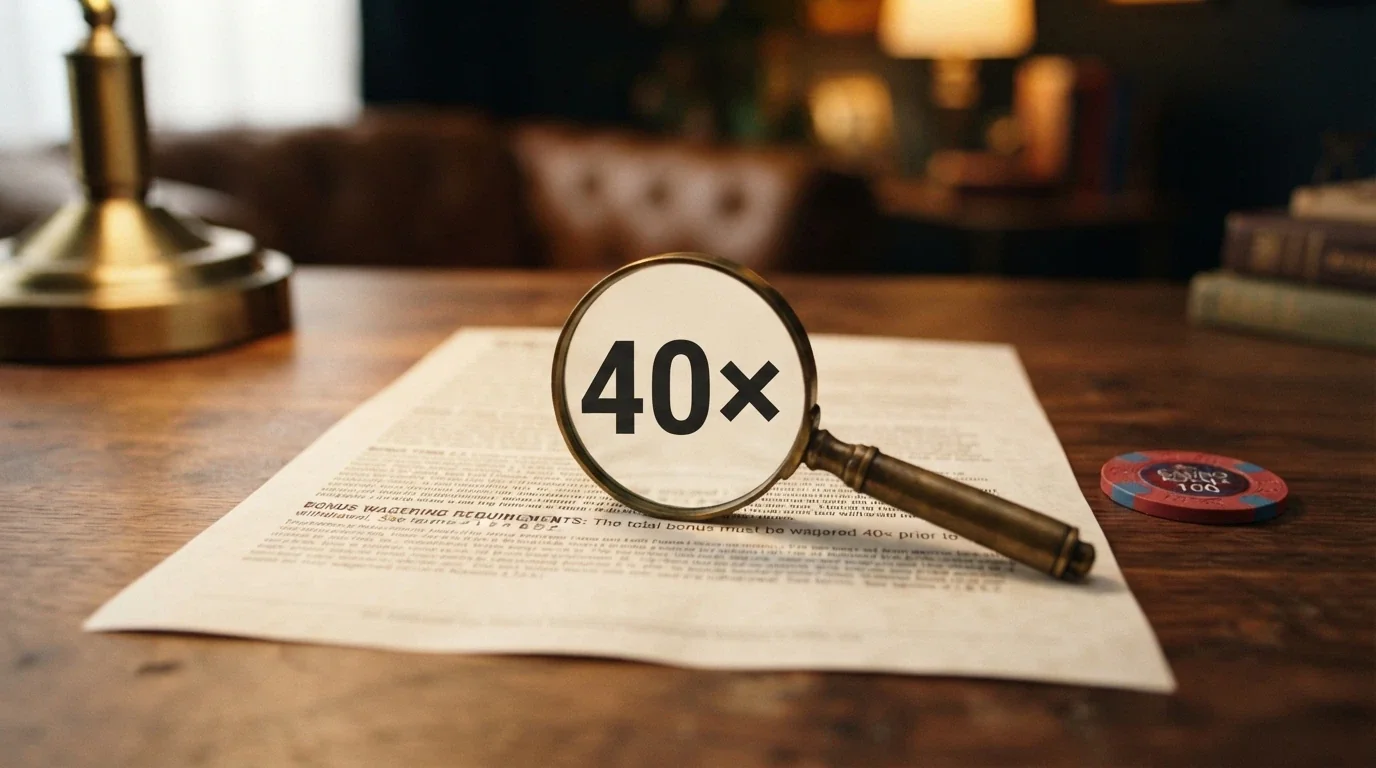 Detailní záběr na lupu nad textem bonusových podmínek, zvýrazněné číslo protočení 40×