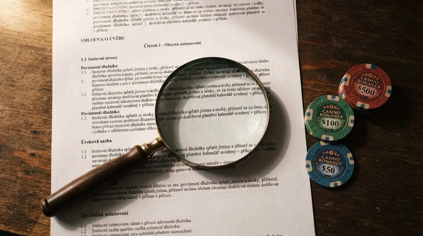 Stoh bitcoinových mincí vedle lupy a dokumentu s textem obchodních podmínek