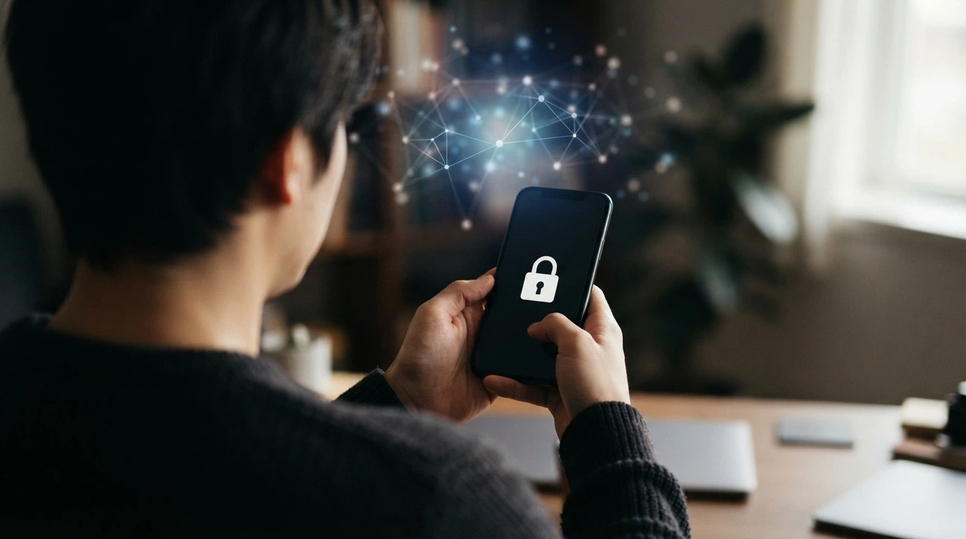 Osoba držící smartphone s ikonou zámku a řetězcem bitcoinových transakcí v pozadí
