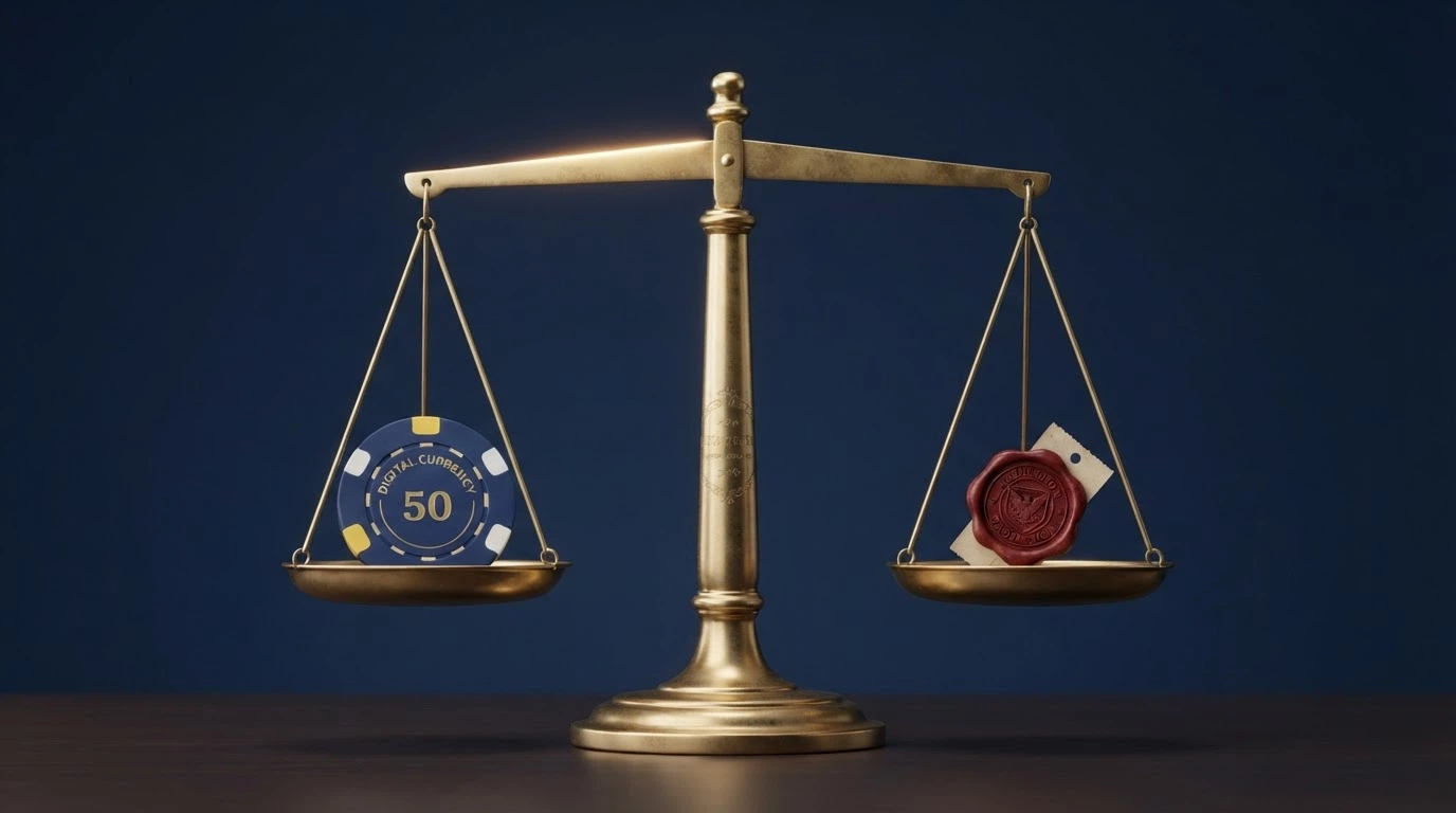 Váhy: na jedné misce symbol bitcoinu (rychlost, anonymita), na druhé pečeť MF ČR (ochrana, RVO)