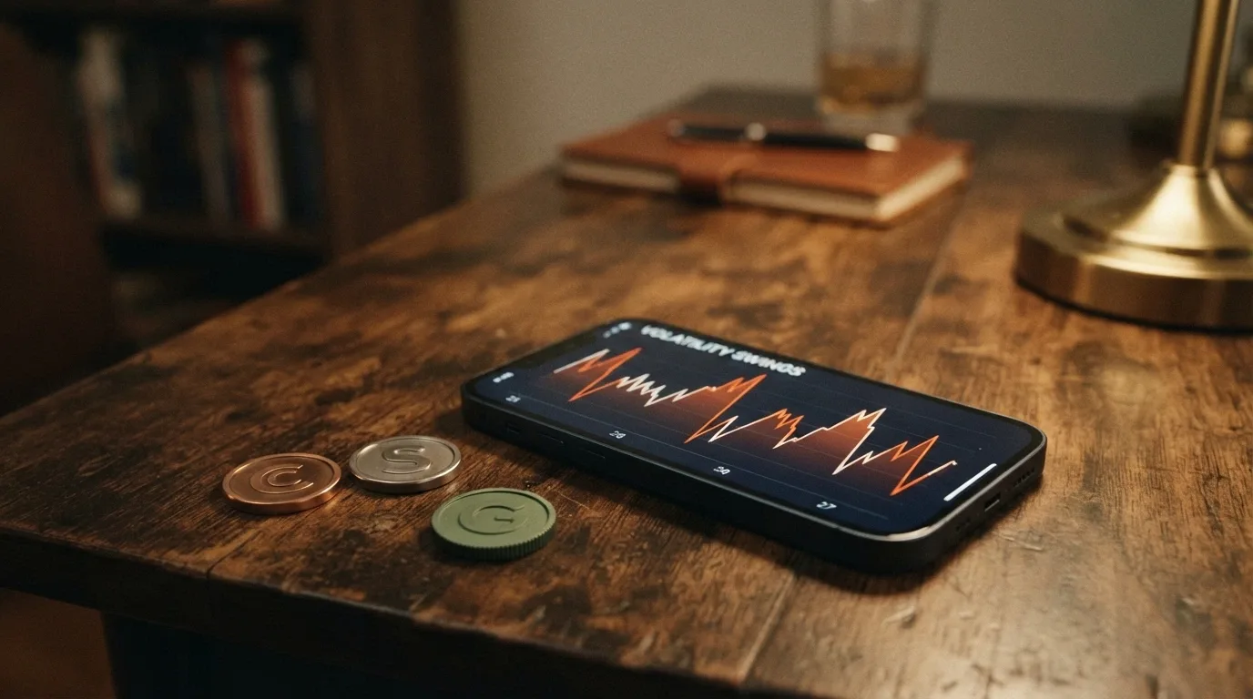 Bitcoin, Ethereum a USDT mince na displeji s grafem volatility