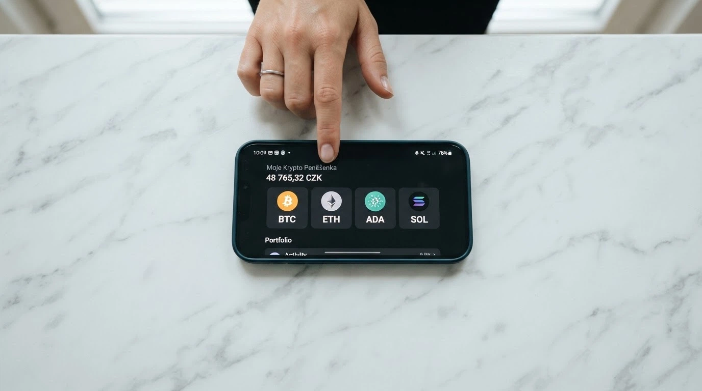 Mobil s otevřenou krypto peněženkou, na obrazovce výběr z BTC, ETH, USDT a ADA