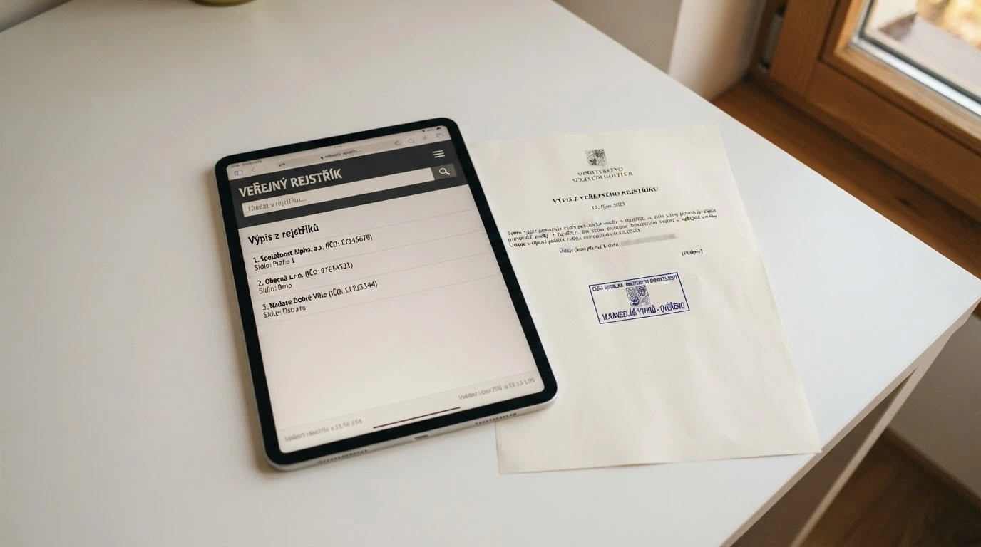 Úřední dokument s logem Ministerstva financí ČR a razítkem, vedle něj tablet s otevřeným registrem držitelů licencí