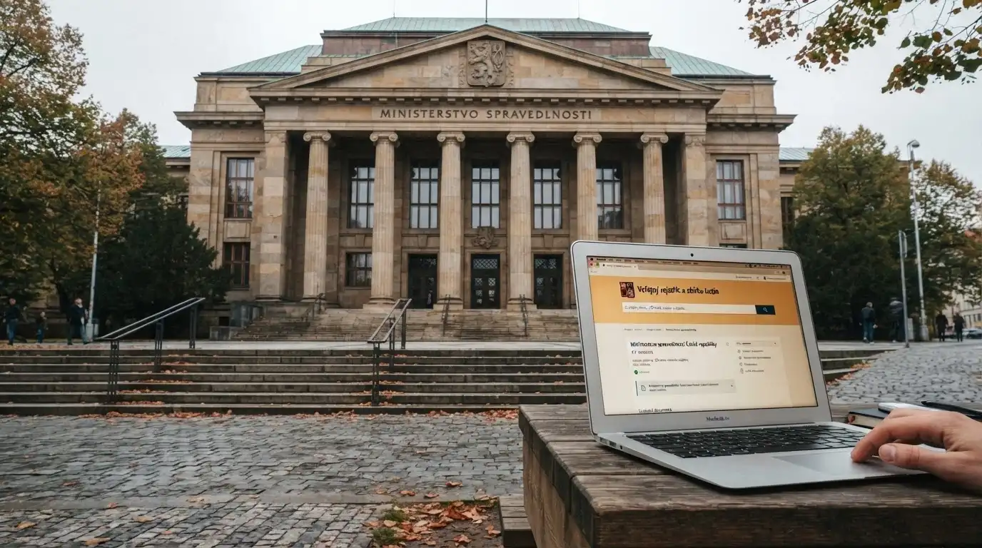 Úřední budova Ministerstva financí ČR s logem MF, vedle obrazovka s rozhraním veřejného registru licencí na kfrmf.gov.cz