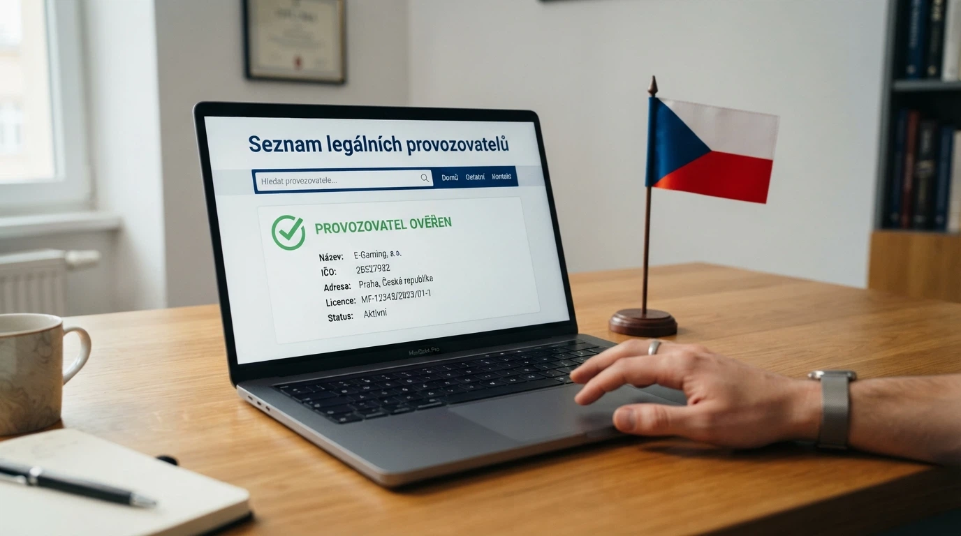 Úřední dokument s razítkem Ministerstva financí ČR vedle obrazovky s logem licencovaného online casina a českou vlajkou