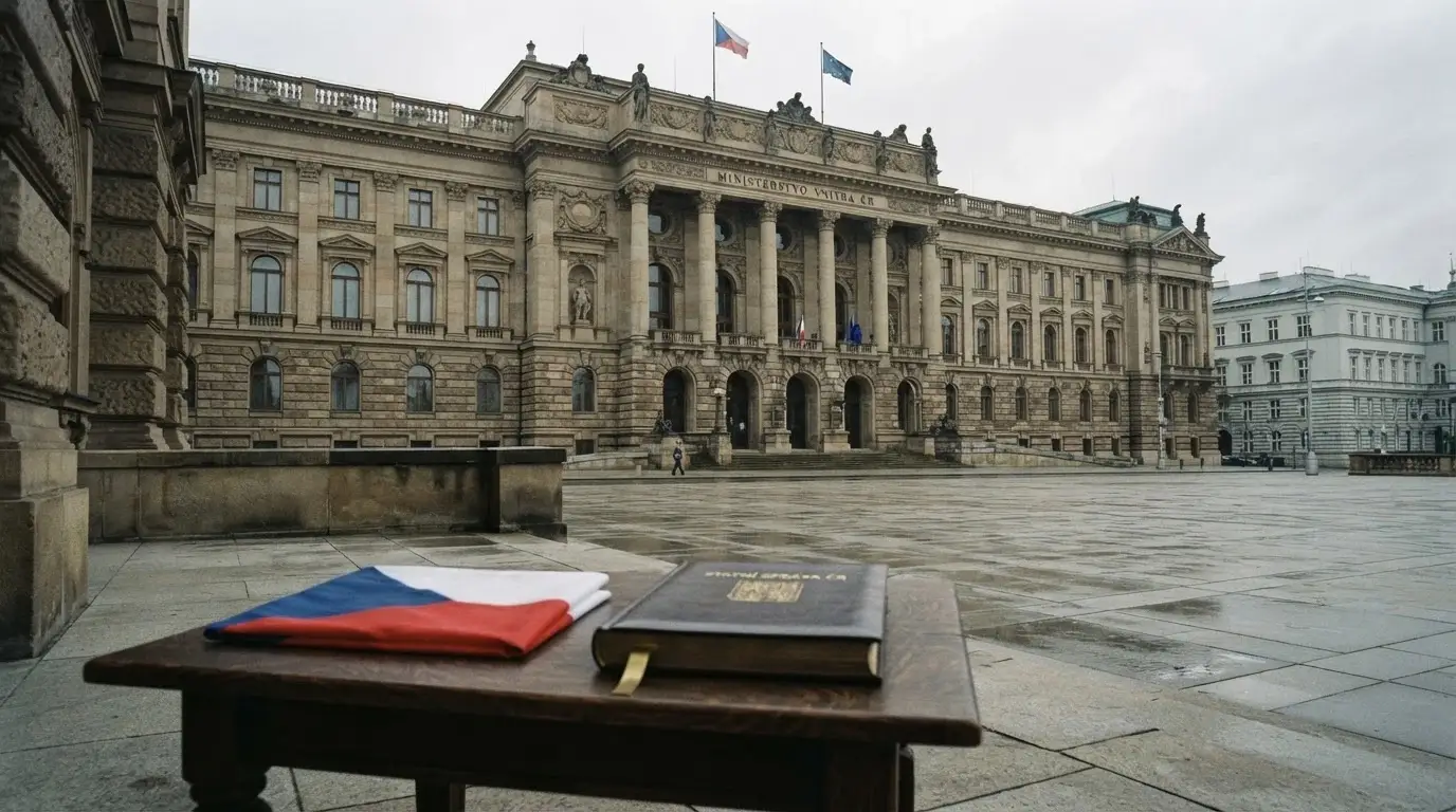 Budova Ministerstva financí ČR nebo úřední dokument s razítkem — decentní, důvěryhodný vizuál
