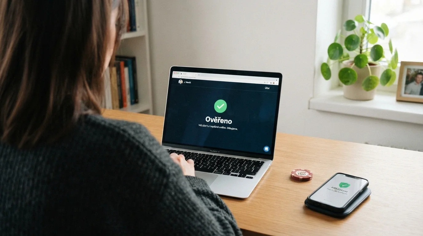 Úřední dokument s razítkem Ministerstva financí ČR vedle displeje s online casinem