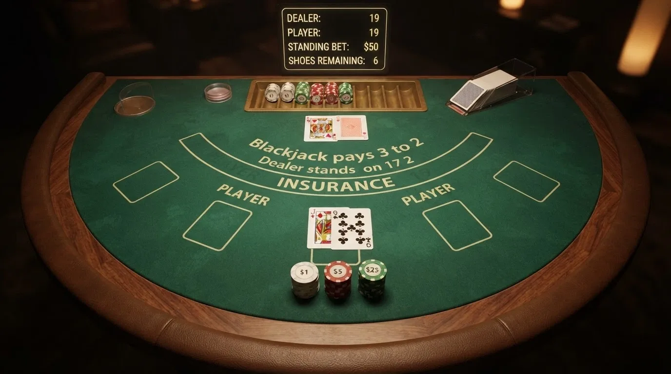 Živý blackjackový stůl s krupiérem, kartami a hráčským rozhraním na obrazovce
