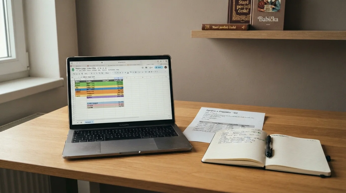 Zátiší na pracovním stole — otevřený notebook s tabulkou hodnocení operátorů, vedle vytištěný výpis z rejstříku MF ČR, poznámkový blok s kritérii