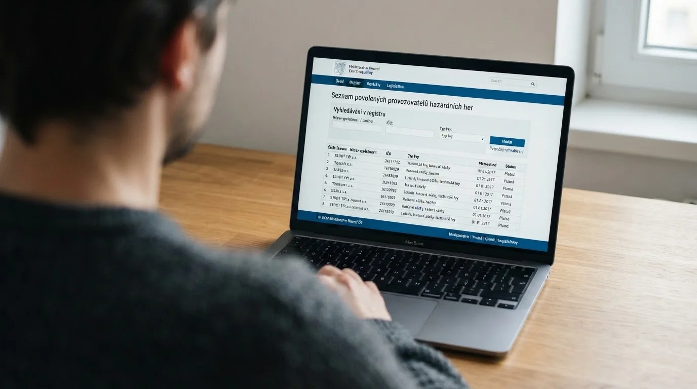 Ukázka ověření licence Ministerstva financí ČR na webových stránkách licencovaného online casina s viditelným číslem základního povolení