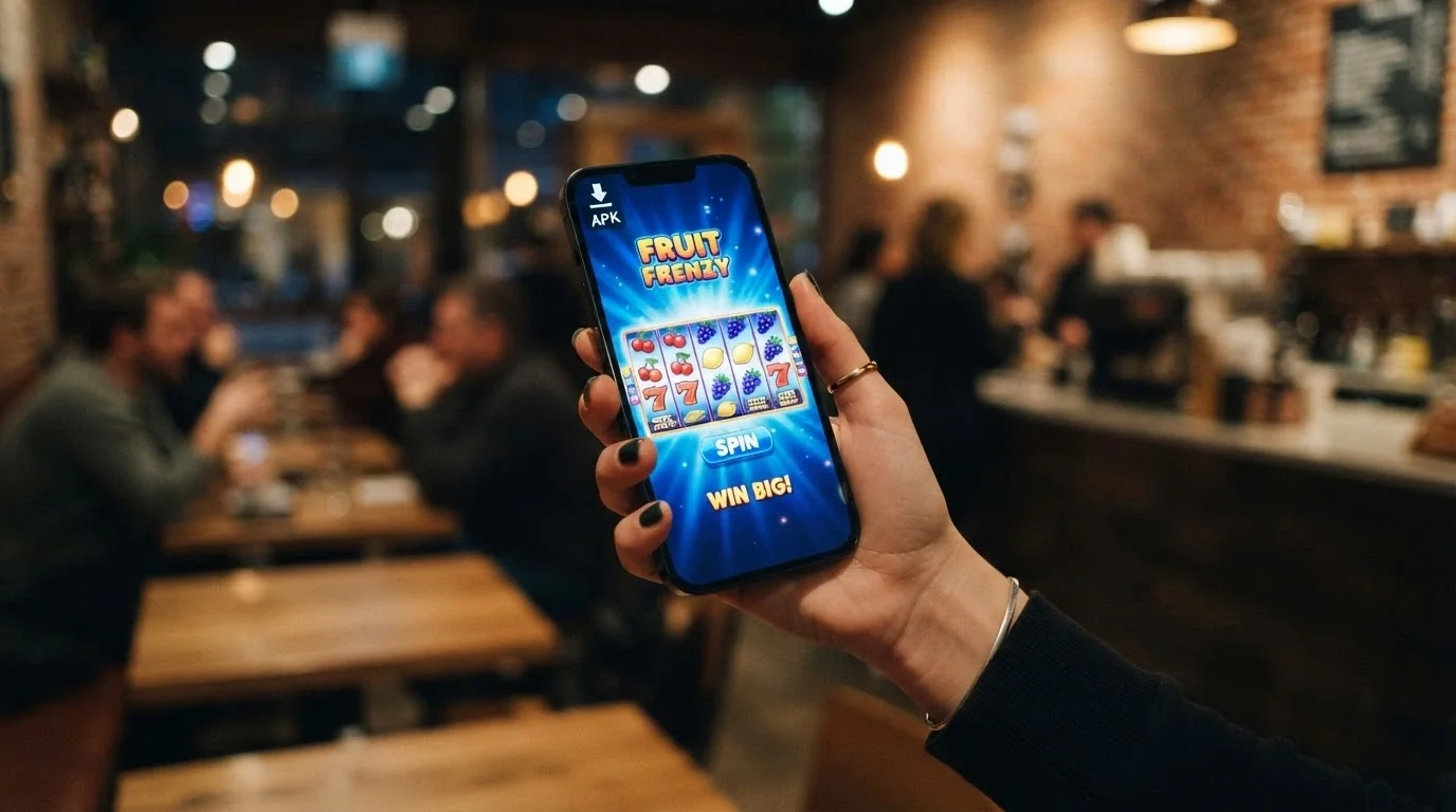 Mobilní telefon s roztočeným automatem na displeji a ikonou APK souboru vedle něj