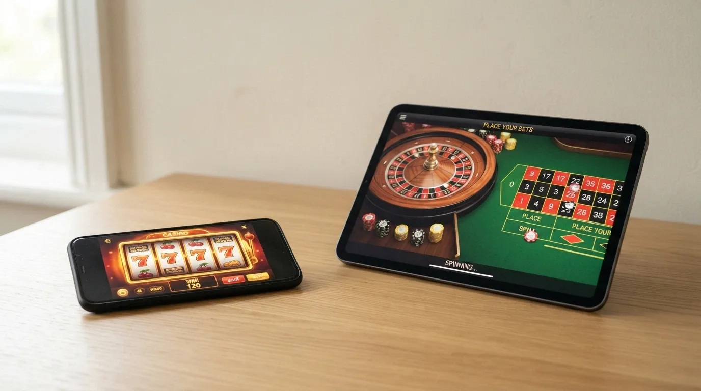 Mobilní telefon zobrazující kasinovou hru s ikonou BTC vkladu, vedle něj tablet s live rulety