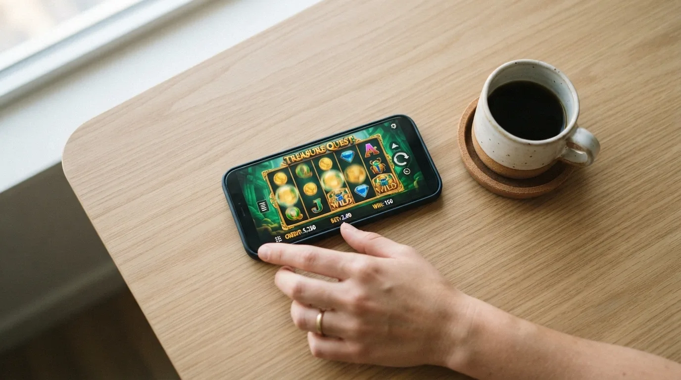 Mobilní telefon s otevřenou casino aplikací a roztočeným automatem na displeji