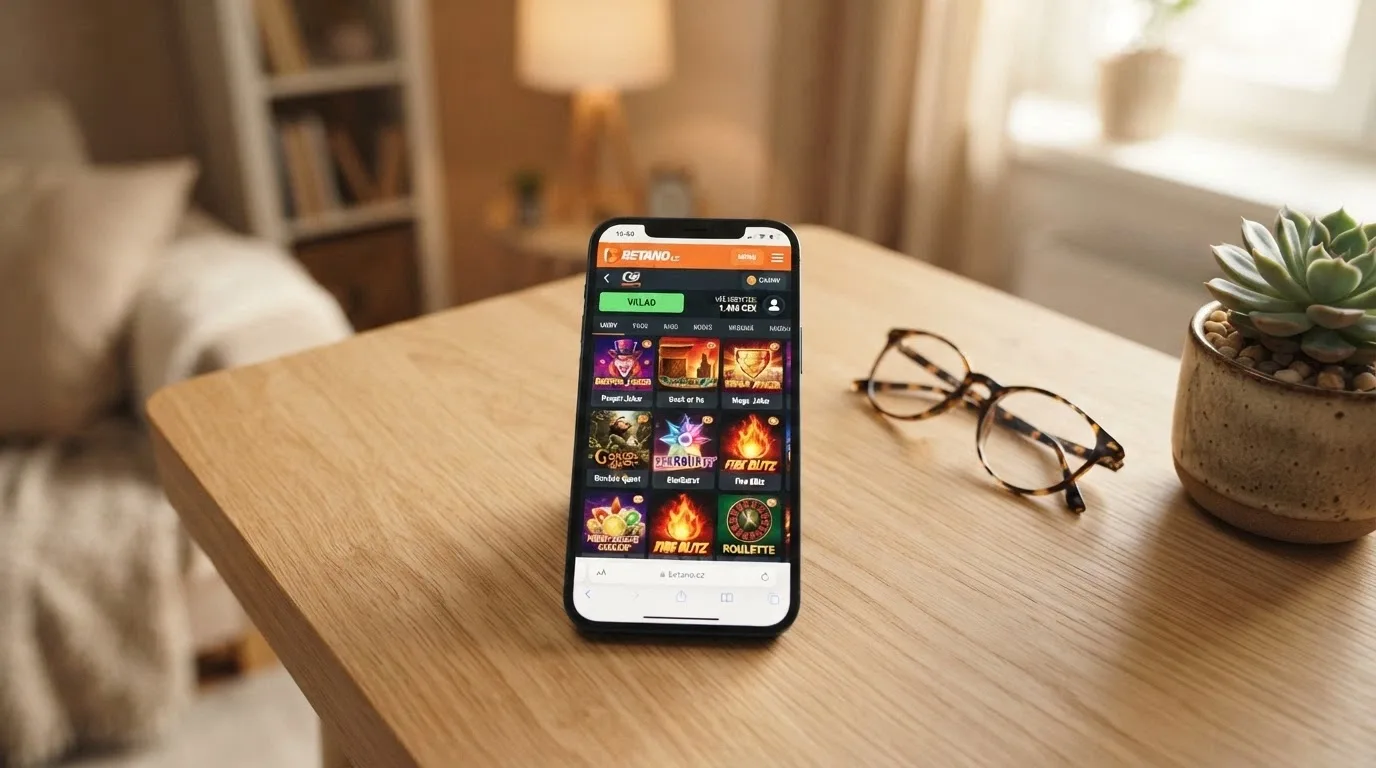 Mobilní telefon s otevřenou stránkou online casina v prohlížeči