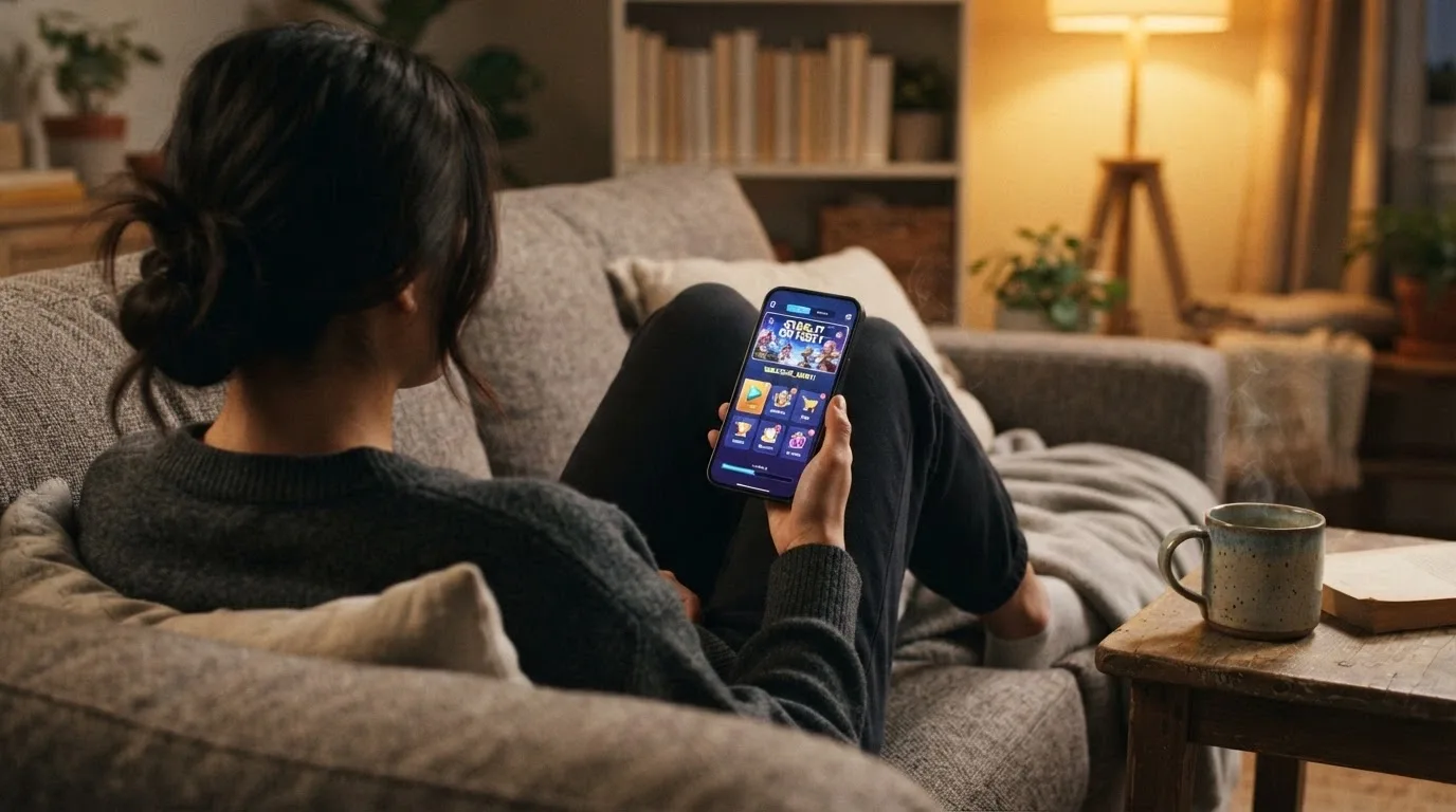 Spokojený hráč sedící na gauči s mobilem v ruce a šálkem kávy na stole