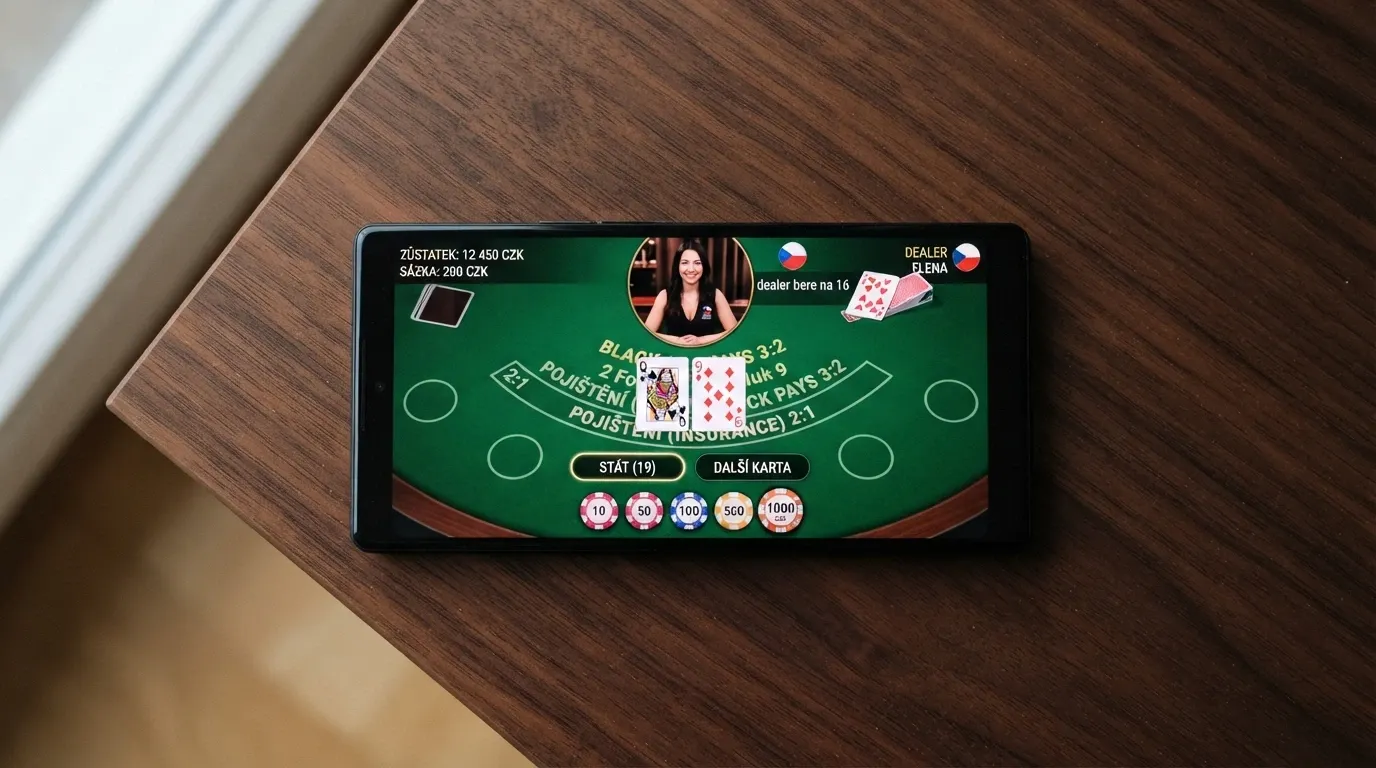 Displej mobilního telefonu s rozhraním live blackjacku — karty na stole a krupiér v přenosu