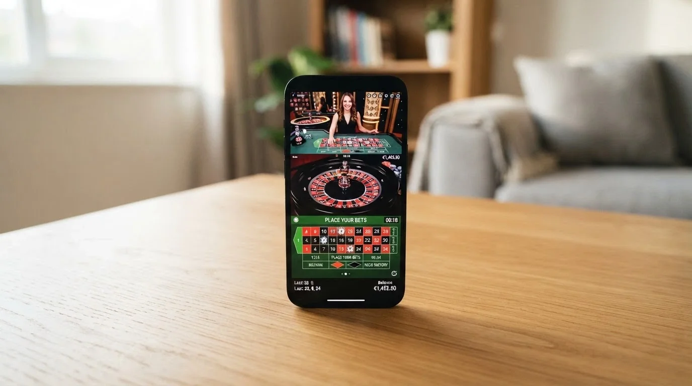 Chytrý telefon s otevřenou live casino hrou — ruleta na dotykové obrazovce