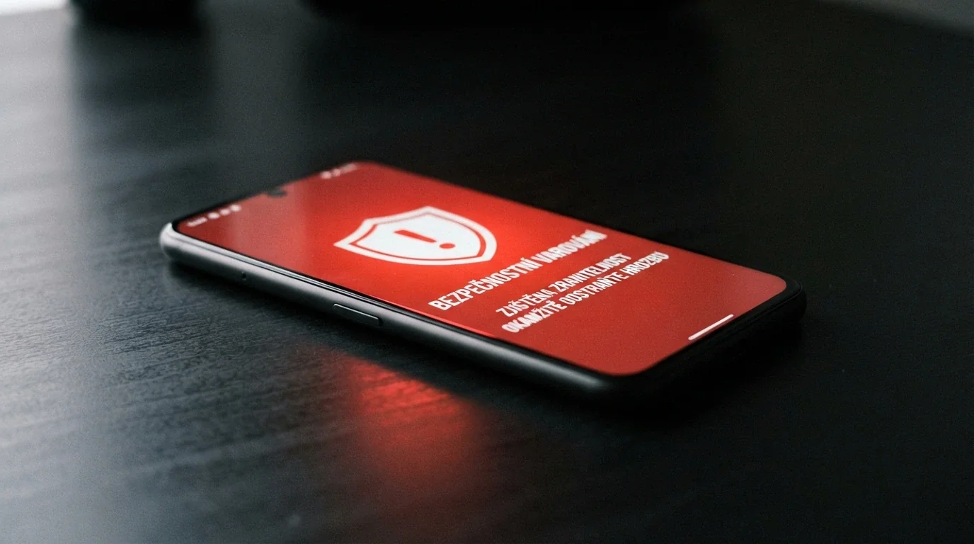 Výstražná obrazovka mobilního telefonu s ikonou malwaru a názvem podezřelého APK souboru