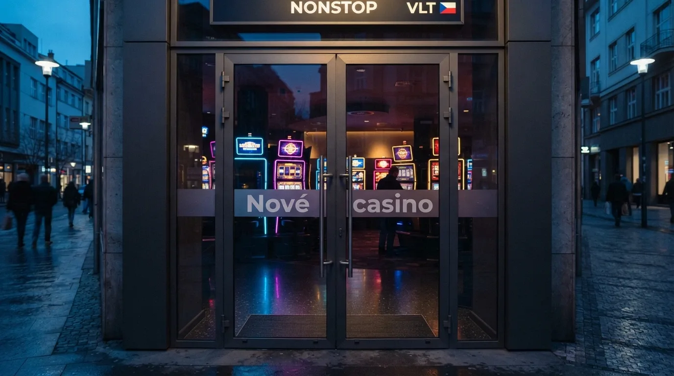 Moderní vstupní dveře s nápisem „nové casino“, za nimi naznačené barevné osvětlení a siluety automatů