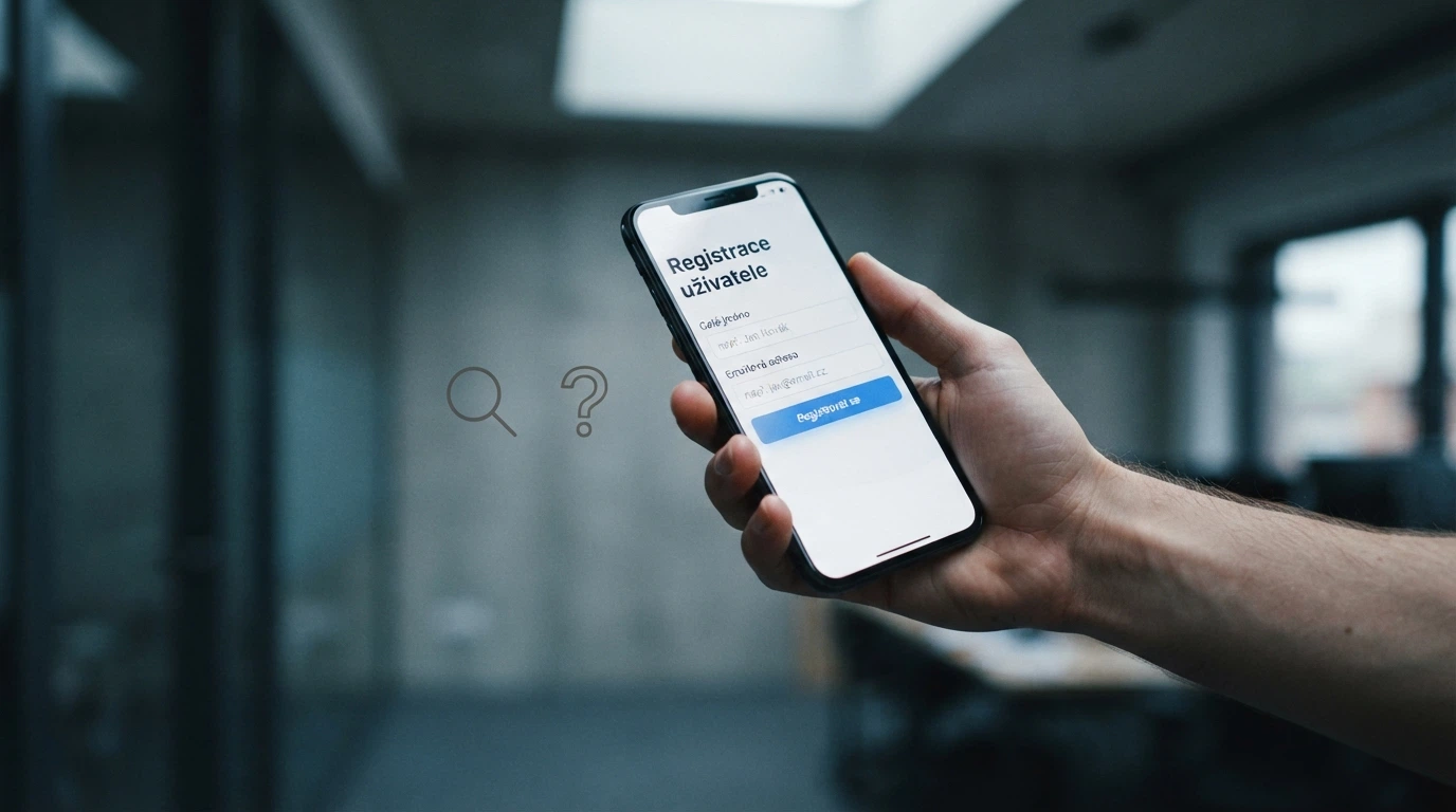 Moderní design mobilní registrační stránky nového casina, vedle ikona lupy a otazníku