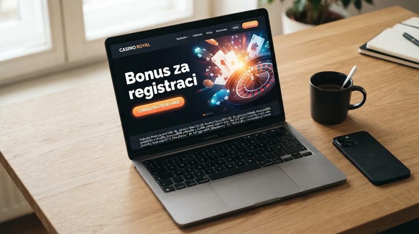 Svěží moderní vstupní stránka nového casina — banner s nabídkou „bonus za registraci“, pod ním drobným písmem podmínky